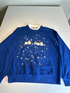 Coldwater Creek Royal Blue Crewneck Sweater with Snowy Bird Motif